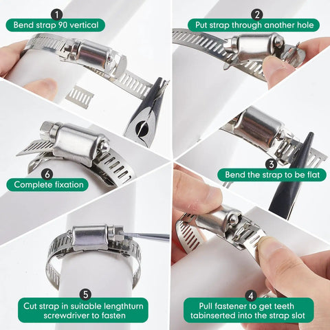 Hose Clamp Kit With Stainless Steel Worm Gear Straps And Holes, 32.8 Ft Total Length, 2 Sizes, 48 Fasteners in use