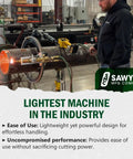 Heavy Duty Pipe Beveling Machine Featuring Quick Set Cutting Heads And A Rugged Hinged Saddle That Locks Tight On Eight To Fourteen Inch Steel Pipes For Clean Weld Prep in use on steel pipe.