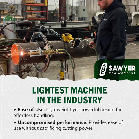 Heavy Duty Pipe Beveling Machine Featuring Quick Set Cutting Heads And A Rugged Hinged Saddle That Locks Tight On Eight To Fourteen Inch Steel Pipes For Clean Weld Prep in use on steel pipe.