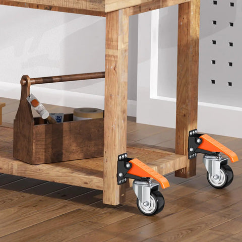 Heavy Duty Workbench Caster Kit With 880 Lbs Capacity, 3 Inch Retractable Casters, side view mounted on wooden table