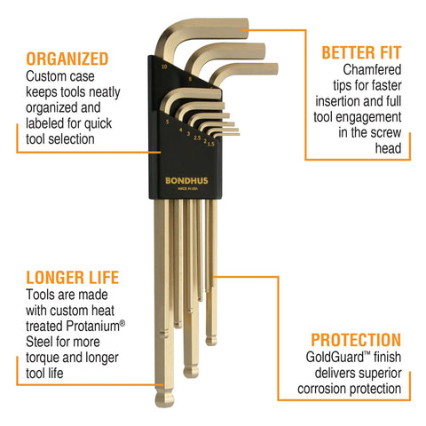 GoldGuard Ballpoint L-Wrench Set, 9-Piece Metric Long-Arm L Keys in case, with durable steel and corrosion-resistant finish