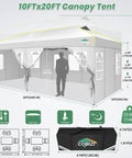 10x20 Pop Up Canopy Tent With 6 Removable Sidewalls, One Push Center Top Setup, Quick No Tools Frame, waterproof for events.