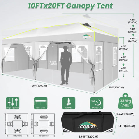 10x20 Pop Up Canopy Tent With 6 Removable Sidewalls, One Push Center Top Setup, Quick No Tools Frame, waterproof for events.