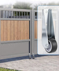 Heavy Duty Vertical Gate Support Track Rollers And Wheels For Smooth Sliding Patio Doors Anti Sag Fence Hardware side view close-up.