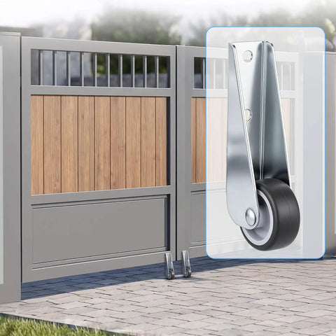 Heavy Duty Vertical Gate Support Track Rollers And Wheels For Smooth Sliding Patio Doors Anti Sag Fence Hardware side view close-up.