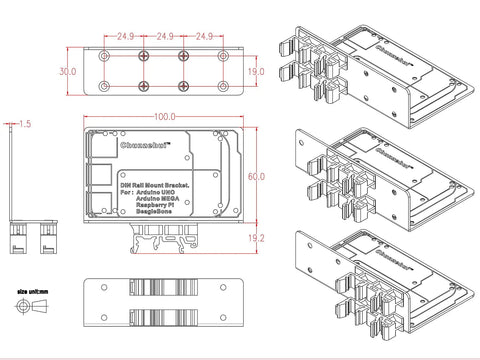 Technical drawing of DIN Rail Mount Bracket for Raspberry Pi UNO Mega 2560 BeagleBone Black and more industrial grade mounting solution.