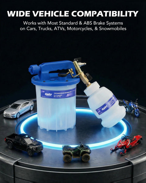 3L Vacuum Brake Bleeder Kit With Pneumatic Fluid Extractor, 1L Refilling Bottle, shown with vehicles on display