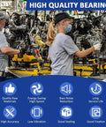 Workers in a factory assembling engines with a banner highlighting features of high-quality bearings.