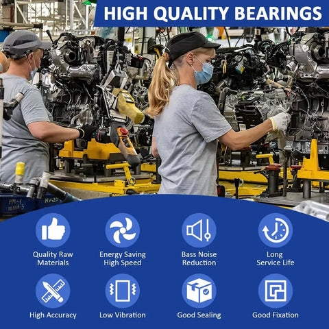 Workers in a factory assembling engines with a banner highlighting features of high-quality bearings.