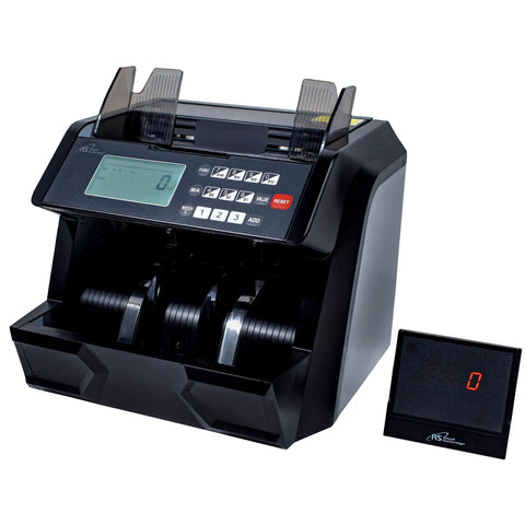 High Speed Money Counting Machine With Add And Batch, 1500 Bills Per Minute, Ultraviolet Magnetic Ink Infrared Counterfeit Detector, Value Counting, Batch Presets, And FreeFlow Sort Features, display view.