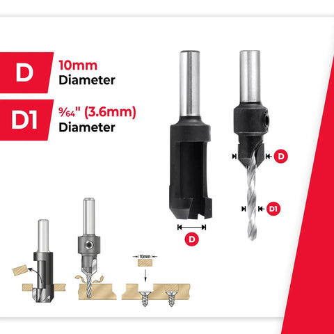 Pro Shop Carbide Countersink And High Speed Steel Drill Bit Combo With Dead Nuts Fit Matching Wood Plugs To Hide Screw Heads Perfectly On Hardwood Plywood And Sheet Metal 9/64 Inch, showing 10mm and 9/64" drill bit diameters.