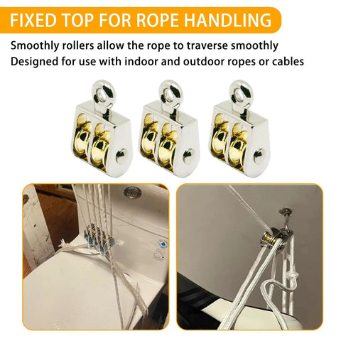 Four Pack 1.42 Inch Double Pulley Block Set For Lifting Heavy Duty Rope And Cable Stainless Steel Zinc Alloy in use with ropes