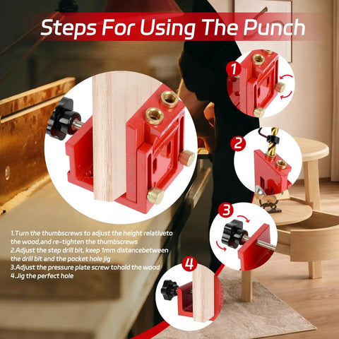 Steps for using the Heavy Duty Aluminum Adjustable Pocket Hole Jig Kit with precision adjustments for cabinet making.