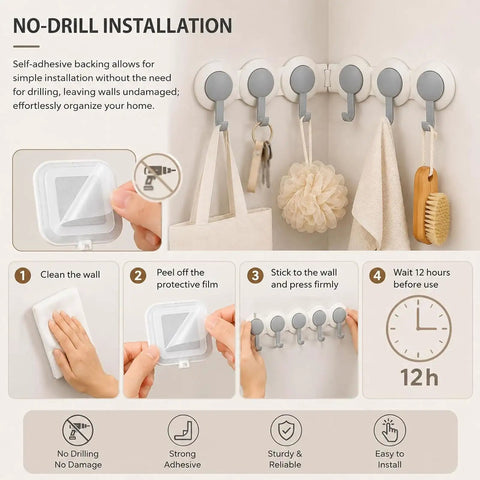 No Drill Drama Heavy Duty Wall Hook Rack With Grip Tape That Saves Your Paint While Serving A Flexible Swivel Fold installation steps.