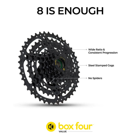 8 Speed Mountain Bike Cassette 11 42T For Standard HG Hubs 9 10 11 Speed Lightweight MTB Cogs Wide Gear Range Durable Steel Compatible Bike Cassette For Trails And All Terrain Riding showing steel stamped cogs and no-spider design