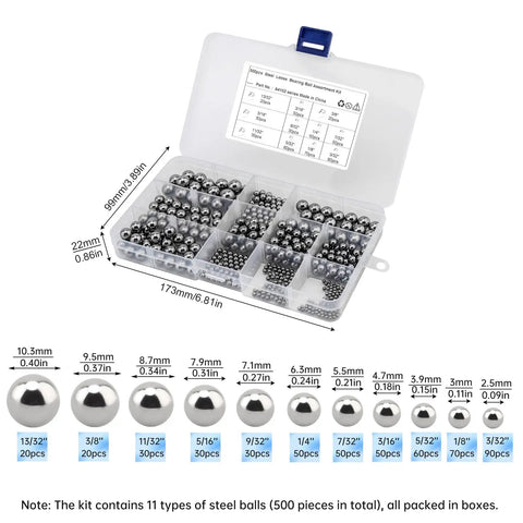 500 Piece Bicycle Bearing Balls Kit With Eleven Sizes, Precision Steel Balls For Bearings in plastic storage case