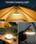 4 In 1 USB Rechargeable Camping String Lights With 8 Modes shown hanging in tent, lying on table, and handheld outdoors.