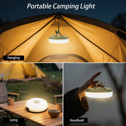 4 In 1 USB Rechargeable Camping String Lights With 8 Modes shown hanging in tent, lying on table, and handheld outdoors.