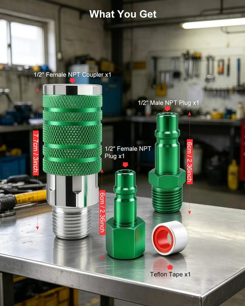 Heavy Duty One Half Inch Air Hose Fittings Kit With Quick Connect Coupler And Plugs, 300 PSI Industrial Iron, High Flow Set For Pneumatic Tools And Air Compressors, Built To Last, Includes Teflon Tape For Easy Install. 1/2" coupler, plugs, tape