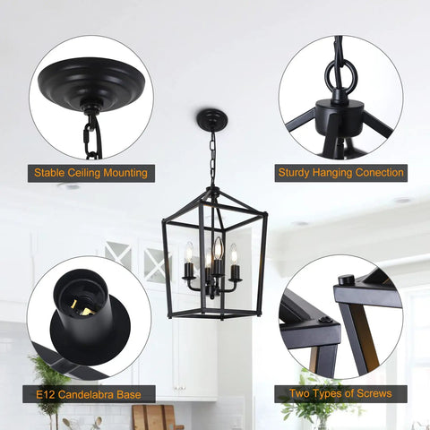 4 Light Black Farmhouse Chandelier With Open Iron Lantern Frame highlighted features including ceiling mount, connection, and screws.