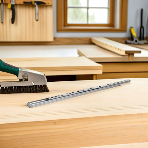 Drawer Slides With Ball Bearings For Household Drawers Cabinets And Dressers Cold Rolled Steel Construction placed on wood surface