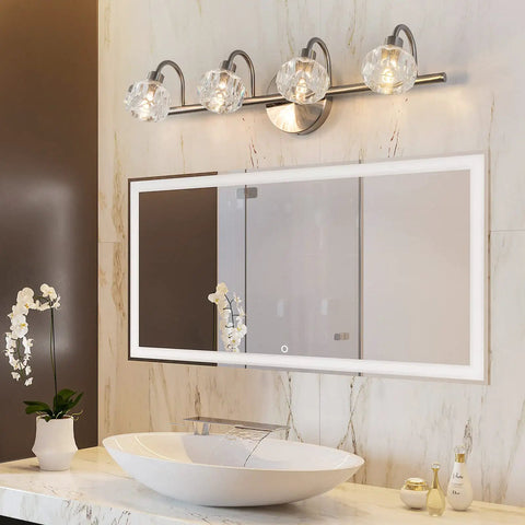 4 Light Brushed Nickel LED Vanity Light with acrylic shades, mounted above bathroom mirror, dimmable 3000K to 6000K wall lamp