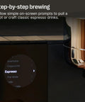 Premium Home Espresso Machine Featuring Smart Pressure Profiling And Instant Shot Feedback For Consistent Pulses And Expert Temp Control showing brewing prompts on screen.