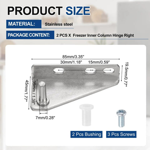 Diagram showing the 2 Pack Stainless Steel Fridge Hinges Replacement For Refrigerator Doors With Right Shaft Inner Column Hinge, 0.28 In Dia, 1.38 In Spacing, Includes Screws And Bushings, Easy Install, Built To Last with dimensions and included parts.