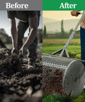 Before and after using 27 Inch Metal Roller Garden Spreader For Lawn And Topsoil With Adjustable Handle Built For Yard Work Durable Lightweight Fertilizer Spreader For Grass Seed And Fertilizer Gray showing soil improvement