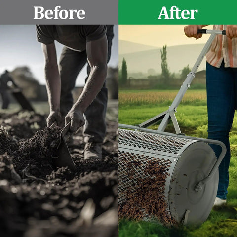 Before and after using 27 Inch Metal Roller Garden Spreader For Lawn And Topsoil With Adjustable Handle Built For Yard Work Durable Lightweight Fertilizer Spreader For Grass Seed And Fertilizer Gray showing soil improvement