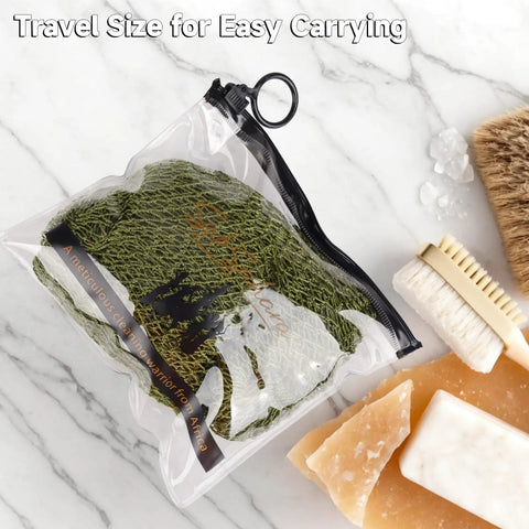 Authentic African Net Sponge 2 Pack Exfoliating Bath And Shower Loofah Sponge For Body And Face in travel bag with soaps