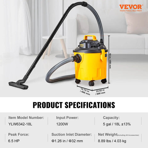 Five Gallon Wet Dry Shop Vacuum 60 CFM 6 HP Peak Power Beast Suction Portable 3 In 1 with filter hose and attachments in a room