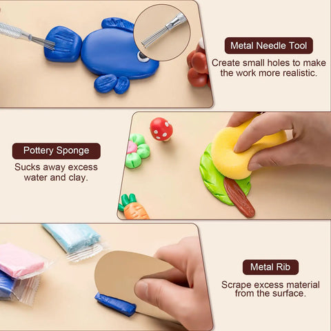 Close-up of 27 Piece Clay Tools Kit For Polymer And Air Dry Clay Fans with metal needle tool, pottery sponge, and metal rib in use