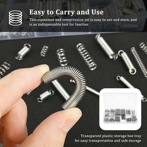 Get Your Garage Ready With This Awesome 200 Piece Spring Assortment Kit Featuring 20 Diverse Sizes From 4 Mm To 9 Mm, Made Of Heavy Duty Galvanized Steel For Tough Automotive Repairs And DIY Maintenance Projects That Need Some Serious Tensile Strength. Hand holding a galvanized steel spring with assorted springs and storage box tray.