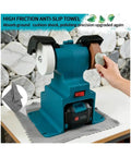Cordless 200W Electric Bench Grinder With Dual Polishing Wheels For Razor Sharp Knives And Metal Fabrication Battery Powered Heavy Duty Weekend Warrior Multitask Shop Tool on a work surface.