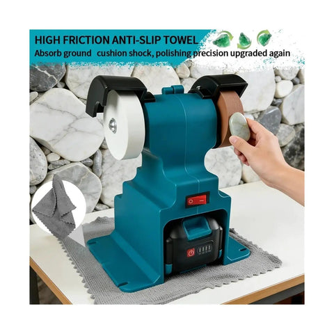 Cordless 200W Electric Bench Grinder With Dual Polishing Wheels For Razor Sharp Knives And Metal Fabrication Battery Powered Heavy Duty Weekend Warrior Multitask Shop Tool on a work surface.