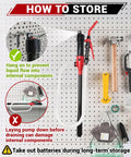 Plug And Play Electric Fuel Transfer Pump With Usb C and Heavy Duty Batteries stored on pegboard with usage instructions for gas cans.