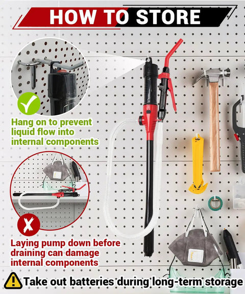 Plug And Play Electric Fuel Transfer Pump With Usb C and Heavy Duty Batteries stored on pegboard with usage instructions for gas cans.