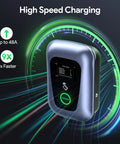 Rock Solid Level 2 Electric Vehicle Charger With Smart App Control 48 Amps 240 Volt on a black background with charging indicators.