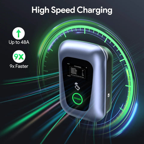 Rock Solid Level 2 Electric Vehicle Charger With Smart App Control 48 Amps 240 Volt on a black background with charging indicators.