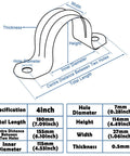 Diagram of 4-Inch Rigid Pipe Strap Clamp Set With Two-Hole U Bracket Tube Clip Stainless Steel showing measurements and dimensions.