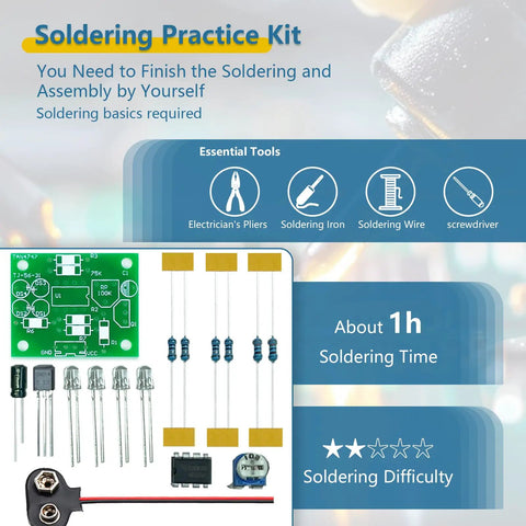 Breathing Light Soldering Practice Kit With LED Electronics Assembly components and tools layout for beginners DIY project.