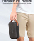 The Ultimate Go To Tech Organizer Travel Case For Portable Electronics and Daily Cord Management featuring a smooth leather handle, compact fit.