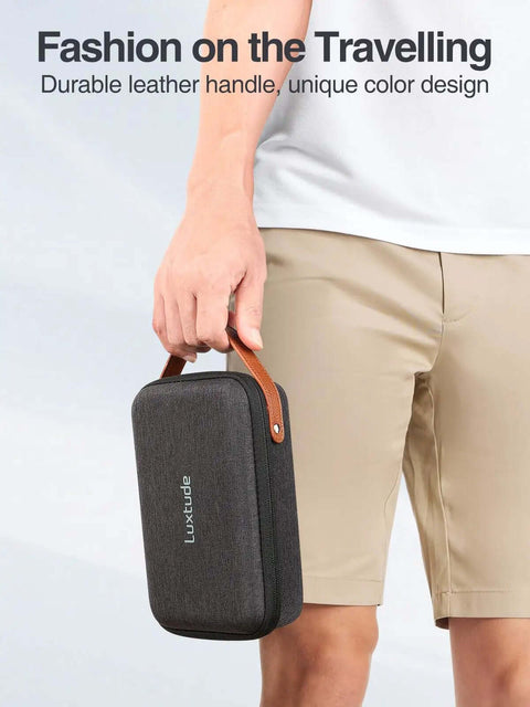 The Ultimate Go To Tech Organizer Travel Case For Portable Electronics and Daily Cord Management featuring a smooth leather handle, compact fit.