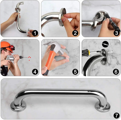 Two Pack 18 Inch Stainless Steel Shower Grab Bars For Tub And Shower Built Tough Up To 500 Lbs Rust Resistant Bath Handrails Non Slip Grip Easy Install shown in assembly steps and final installation.