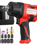 Heavy Half Inch Air Impact Wrench Pumping Out One Six Zero Zero Foot Pounds Of Torque Inside A Featherlight Four Point Four Pound Body With An Eight Piece Socket Set For Zero Fatigue Work And Quick Fixes Utilizing Its Soft Rubber Grip To Slash Shake And, featuring black and red design.