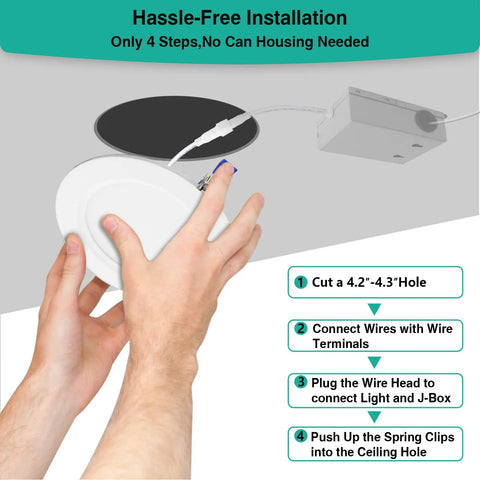 Hands installing 12 Pack Canless LED Recessed 4 Inch Ceiling Lights 1200 Lumens, 12W Equal to 150W, 5000K Daylight Wafer Downlights