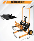 Heavy Duty Manual Material Stacker Workhorse With 450 Lb Capacity, Hydraulic Foot Pedal Lift, Adjustable Forks From 2.75 To 43.3 Inches, Removable Platform, Carbon Steel Frame And PU Wheels For Easy Warehouse Loading. Size diagram with 21.8-inch platform and 47.2-inch height