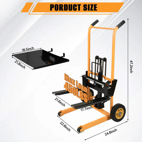 Heavy Duty Manual Material Stacker Workhorse With 450 Lb Capacity, Hydraulic Foot Pedal Lift, Adjustable Forks From 2.75 To 43.3 Inches, Removable Platform, Carbon Steel Frame And PU Wheels For Easy Warehouse Loading. Size diagram with 21.8-inch platform and 47.2-inch height