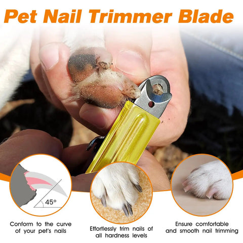 Replacement Guillotine Nail Trimmer Blades For Dog Nails 6 Pack shown trimming dog nail with yellow clipper handle